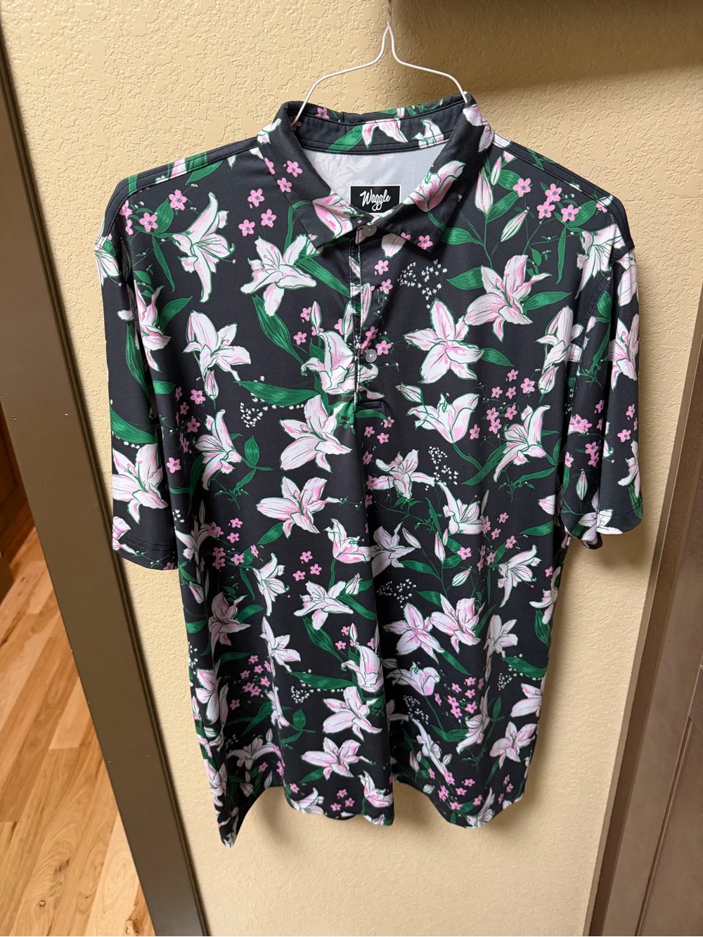 Men's Black Floral Polo with Pink & Green Print